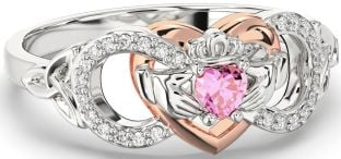 Diamond Pink Tourmaline White Rose Gold Infinity Claddagh Heart Celtic Trinity Knot Ring