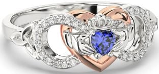 Diamond Sapphire White Rose Gold Infinity Claddagh Heart Celtic Trinity Knot Ring