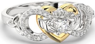 Diamond White Yellow Gold Infinity Claddagh Heart Celtic Trinity Knot Ring