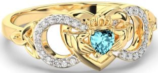 Diamond Aquamarine Gold Infinity Claddagh Heart Celtic Trinity Knot Ring