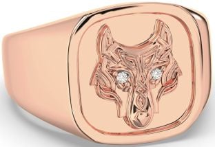 Men's Diamond Rose Gold Silver Celtic Wolf Signet Ring Mens Ladies Unisex