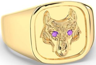 Men's Amethyst Gold Silver Celtic Wolf Signet Ring Mens Ladies Unisex