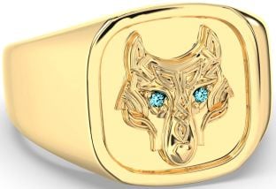 Men's Aquamarine Gold Silver Celtic Wolf Signet Ring Mens Ladies Unisex