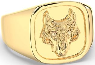 Men's Citrine Gold Silver Celtic Wolf Signet Ring Mens Ladies Unisex