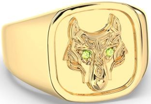 Men's Peridot Gold Silver Celtic Wolf Signet Ring Mens Ladies Unisex