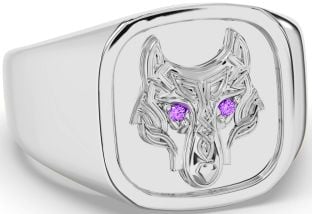 Men's Amethyst Silver Celtic Wolf Signet Ring Mens Ladies Unisex