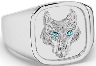 Men's Aquamarine Silver Celtic Wolf Signet Ring Mens Ladies Unisex