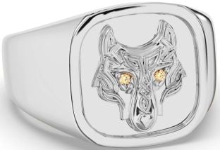 Men's Citrine Silver Celtic Wolf Signet Ring Mens Ladies Unisex