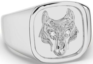 Men's Diamond Silver Celtic Wolf Signet Ring Mens Ladies Unisex