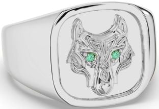 Men's Emerald Silver Celtic Wolf Signet Ring Mens Ladies Unisex