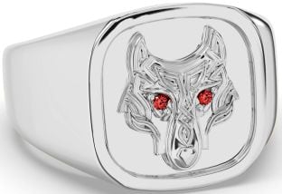 Men's Garnet Silver Celtic Wolf Signet Ring Mens Ladies Unisex