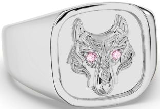 Men's Pink Tourmaline Silver Celtic Wolf Signet Ring Mens Ladies Unisex