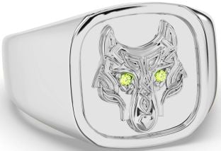 Men's Peridot Silver Celtic Wolf Signet Ring Mens Ladies Unisex