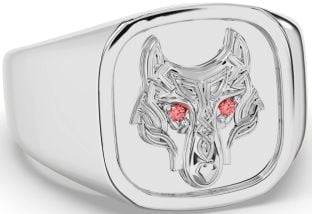 Men's Ruby Silver Celtic Wolf Signet Ring Mens Ladies Unisex