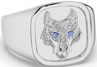 Men's Sapphire White Gold Celtic Wolf Signet Ring Mens Ladies Unisex