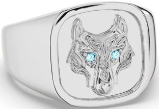 Men's Topaz White Gold Celtic Wolf Signet Ring Mens Ladies Unisex