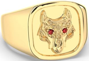 Men's Garnet Gold Celtic Wolf Signet Ring Mens Ladies Unisex