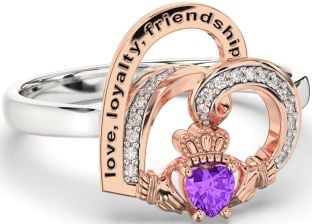 Diamond Amethyst Rose Gold Silver Irish Claddagh "Love, Loyalty, & Friendship" Heart Ring
