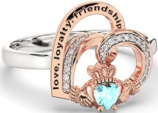 Diamond Aquamarine Rose Gold Silver Irish Claddagh "Love, Loyalty, & Friendship" Heart Ring