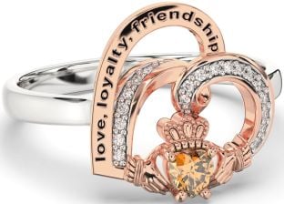 Diamond Citrine Rose Gold Silver Irish Claddagh "Love, Loyalty, & Friendship" Heart Ring