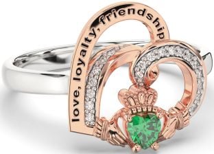 Diamond Emerald Rose Gold Silver Irish Claddagh "Love, Loyalty, & Friendship" Heart Ring