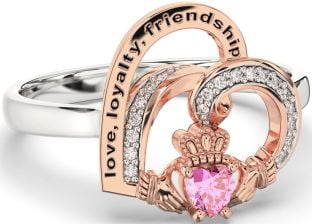 Diamond Pink Tourmaline Rose Gold Silver Irish Claddagh "Love, Loyalty, & Friendship" Heart Ring