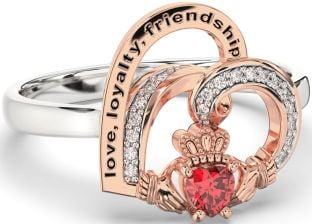 Diamond Ruby Rose Gold Silver Irish Claddagh "Love, Loyalty, & Friendship" Heart Ring