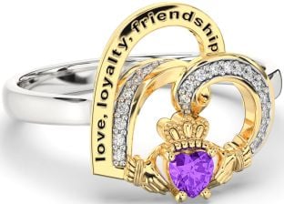 Diamond Amethyst Gold Silver Irish Claddagh "Love, Loyalty, & Friendship" Heart Ring