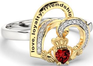Diamond Garnet Gold Silver Irish Claddagh "Love, Loyalty, & Friendship" Heart Ring