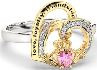 Diamond Pink Tourmaline Gold Silver Irish Claddagh "Love, Loyalty, & Friendship" Heart Ring