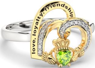 Diamond Peridot Gold Silver Irish Claddagh "Love, Loyalty, & Friendship" Heart Ring
