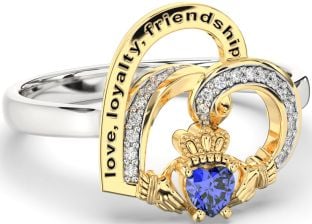 Diamond Sapphire Gold Silver Irish Claddagh "Love, Loyalty, & Friendship" Heart Ring