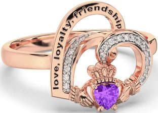 Diamond Amethyst Rose Gold Silver Irish Claddagh "Love, Loyalty, & Friendship" Heart Ring