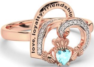 Diamond Aquamarine Rose Gold Silver Irish Claddagh "Love, Loyalty, & Friendship" Heart Ring