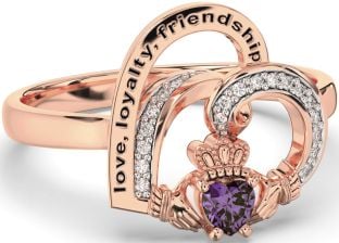 Diamond Alexandrite Rose Gold Silver Irish Claddagh "Love, Loyalty, & Friendship" Heart Ring