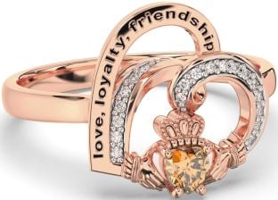 Diamond Citrine Rose Gold Silver Irish Claddagh "Love, Loyalty, & Friendship" Heart Ring