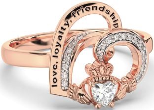 Diamond Rose Gold Silver Irish Claddagh "Love, Loyalty, & Friendship" Heart Ring