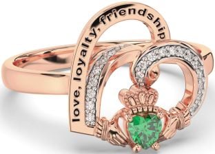 Diamond Emerald Rose Gold Silver Irish Claddagh "Love, Loyalty, & Friendship" Heart Ring