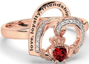 Diamond Garnet Rose Gold Silver Irish Claddagh "Love, Loyalty, & Friendship" Heart Ring