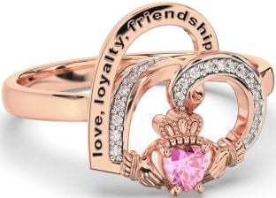 Diamond Pink Tourmaline Rose Gold Silver Irish Claddagh "Love, Loyalty, & Friendship" Heart Ring