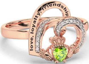 Diamond Peridot Rose Gold Silver Irish Claddagh "Love, Loyalty, & Friendship" Heart Ring