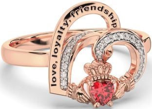 Diamond Ruby Rose Gold Silver Irish Claddagh "Love, Loyalty, & Friendship" Heart Ring