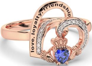 Diamond Sapphire Rose Gold Silver Irish Claddagh "Love, Loyalty, & Friendship" Heart Ring