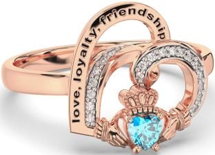 Diamond Topaz Rose Gold Silver Irish Claddagh "Love, Loyalty, & Friendship" Heart Ring