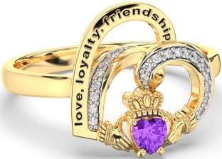 Diamond Amethyst Gold Silver Irish Claddagh "Love, Loyalty, & Friendship" Heart Ring