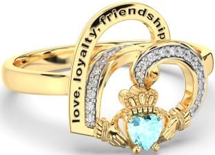 Diamond Aquamarine Gold Silver Irish Claddagh "Love, Loyalty, & Friendship" Heart Ring