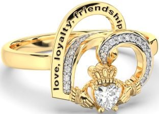 Diamond Gold Silver Irish Claddagh "Love, Loyalty, & Friendship" Heart Ring