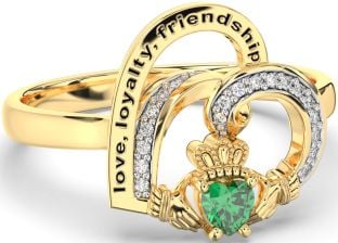 Diamond Emerald Gold Silver Irish Claddagh "Love, Loyalty, & Friendship" Heart Ring