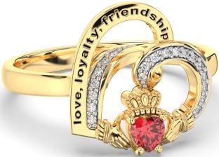 Diamond Ruby Gold Silver Irish Claddagh "Love, Loyalty, & Friendship" Heart Ring