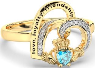 Diamond Topaz Gold Silver Irish Claddagh "Love, Loyalty, & Friendship" Heart Ring